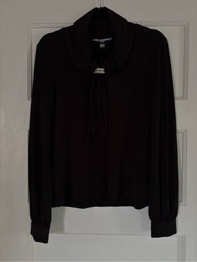 NWT Karl Lagerfeld Black Tie-Neck Blouse with Pearl & Rhinestone Accent